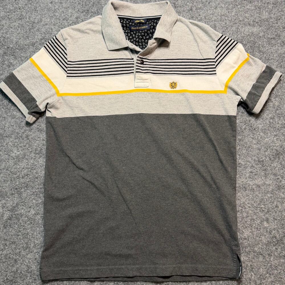 Fahrenheit Men’s Fitted Polo Shirt‎ Gray Yellow Striped Colorblock Size Small